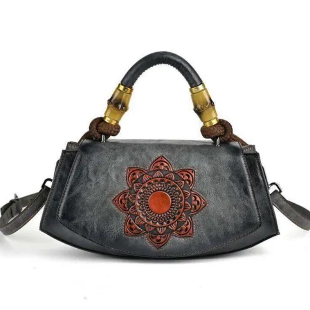Vintage Embossed “Gray”PU Leather Satchel w/Bamboo Style Handles (NWOT)